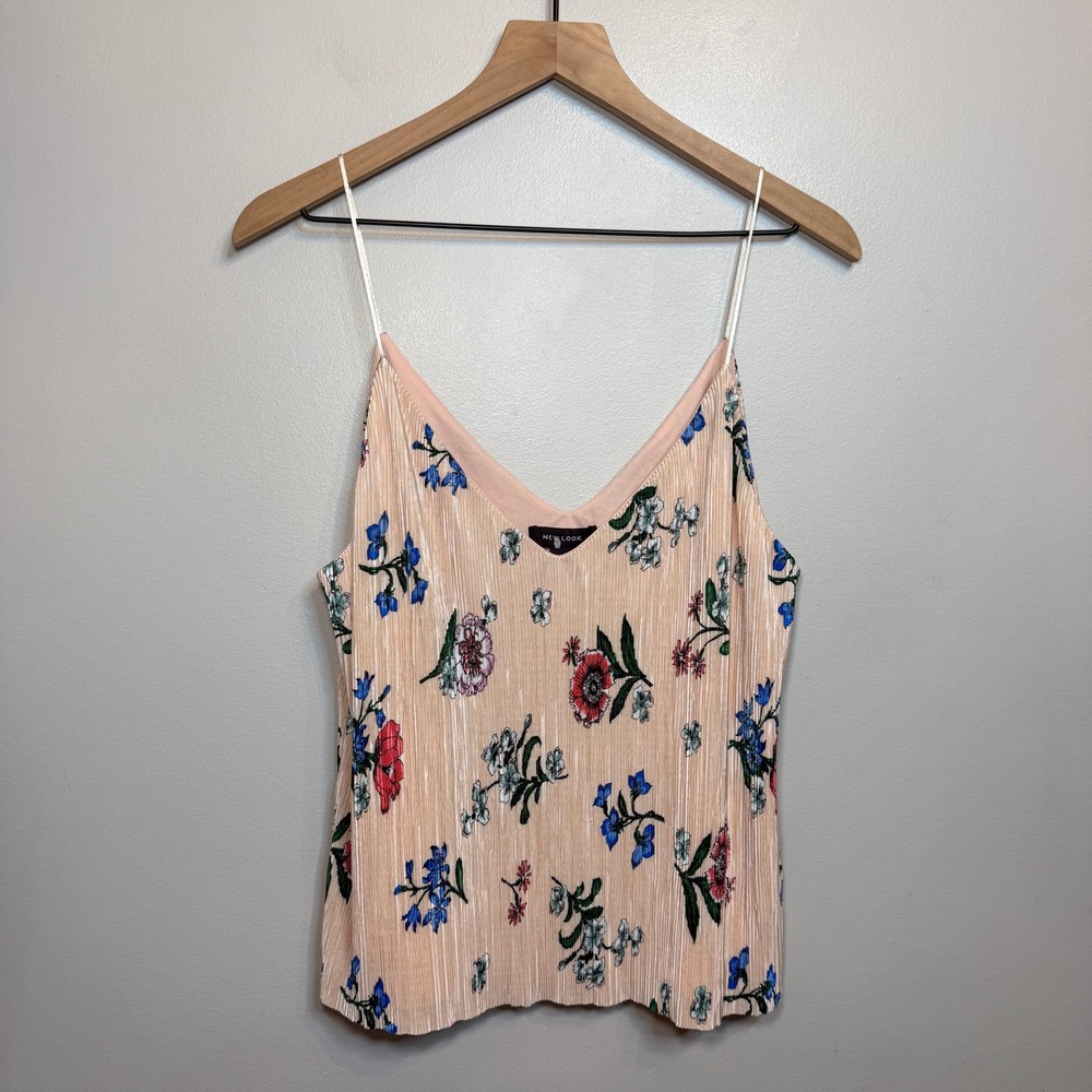 New Look Women's Peach Floral V-Neck Cami Spaghetti Strap Tank Top Size 14